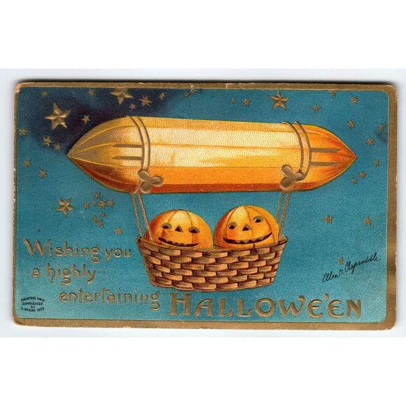 Halloween Postcard Ellen Clapsaddle Airship Blimp Pumpkin Ride Fantasy Germany - Picture 1 of 2
